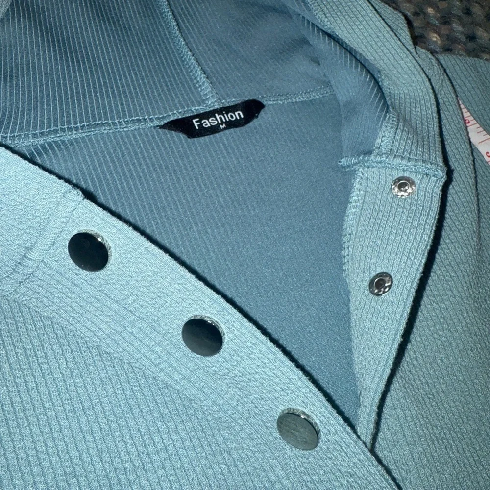 Women's Teal Button-Up Ribbed Hoodie sz M - Picture 7 of 8